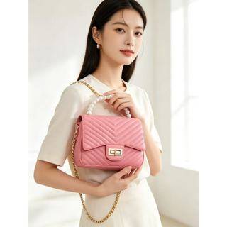 Bolsa Feminina de Mão com Alça de Pérolas, Bolsa Transversal Removível, Design Matelassê, Versátil para Passeio e Presen