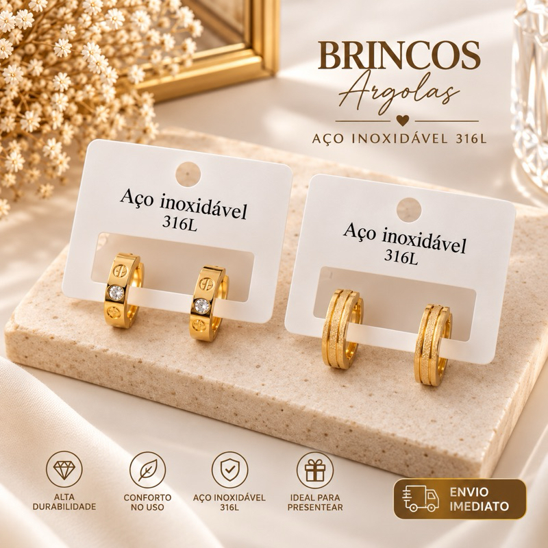 Kit Brincos Luxo em Aço Inoxidável 316L | 2 Pares na cartela