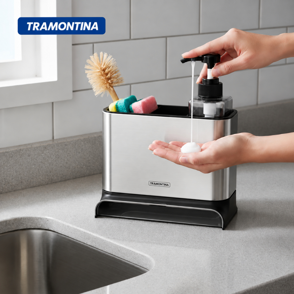 Dispenser Detergente Pia Cozinha Dispenser Sabão Liquido Esponja Bucha Inox Tramontina