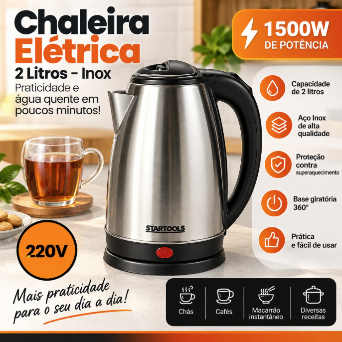 Chaleira Elétrica Inox Capacidade 2 Litros Potente Rápida 220V Aquecimento Seguro Design Moderno
