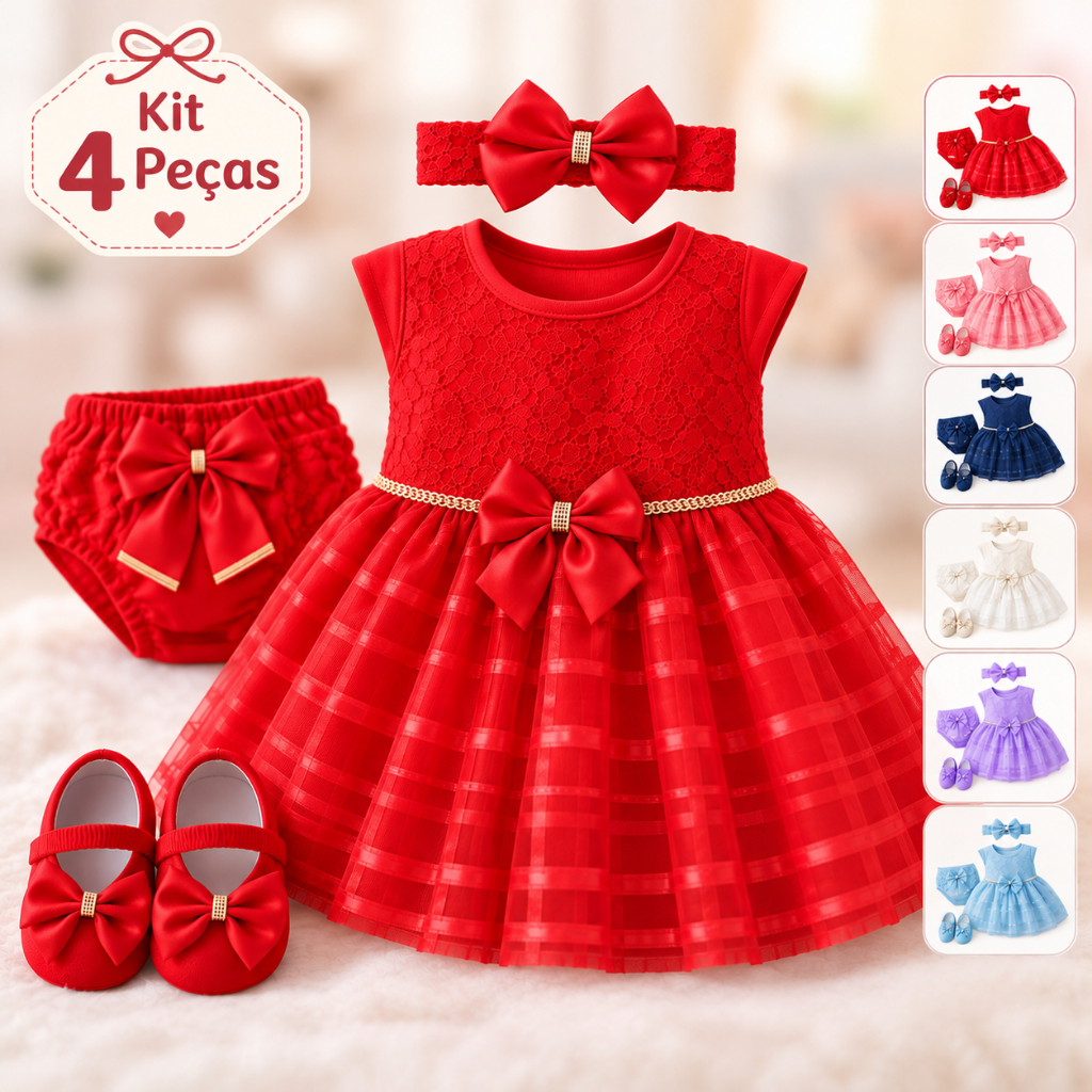 Vestido Renda luxo Bebê Kit 4 Peças 0 a 12 Meses Calcinha Bunda Rica Laço Sapatinho Festa Batizado Natal Ano novo