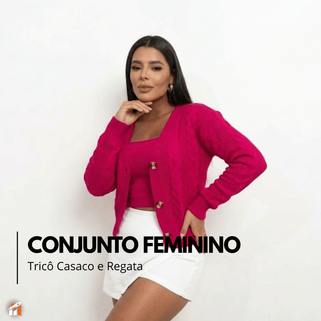 Conjunto Feminino Tricot Casaco e Regata Elegante Confortável Versátil Moda Inverno Tendência