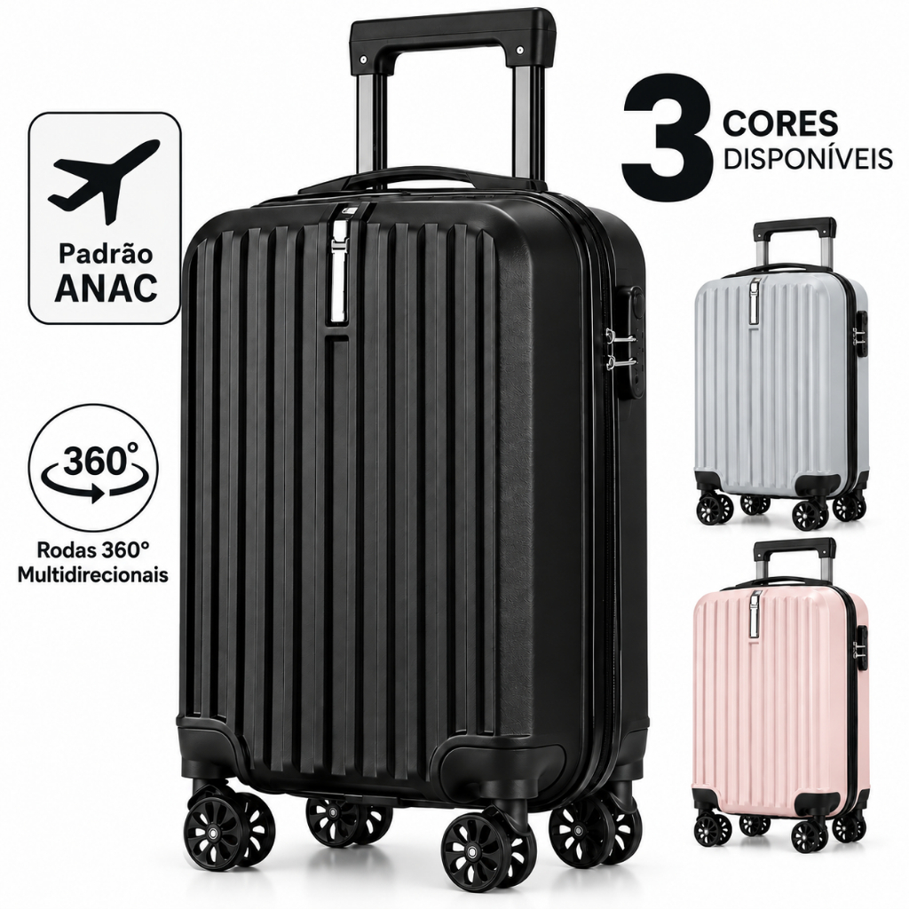 Mala de Viagem de Bordo 10Kg Padrão Anac Com Cadeado Bagagem de Mão Rodinhas 360º Premium Multmaxx