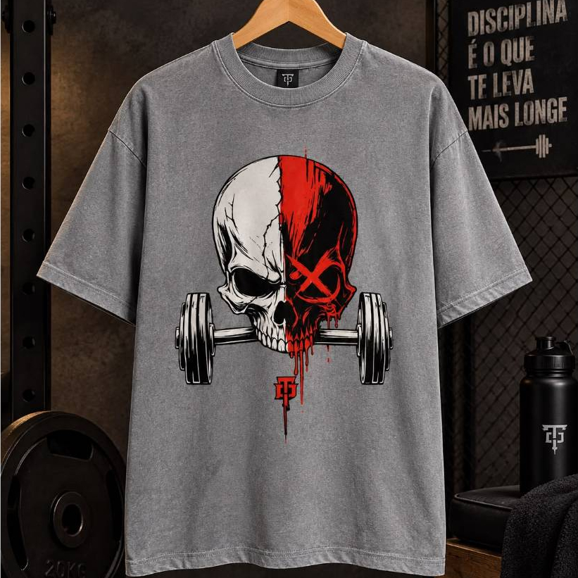 Camiseta Oversized Academia Masculina Confortável Caveira Skull Musculação Treino Fitness Cinza