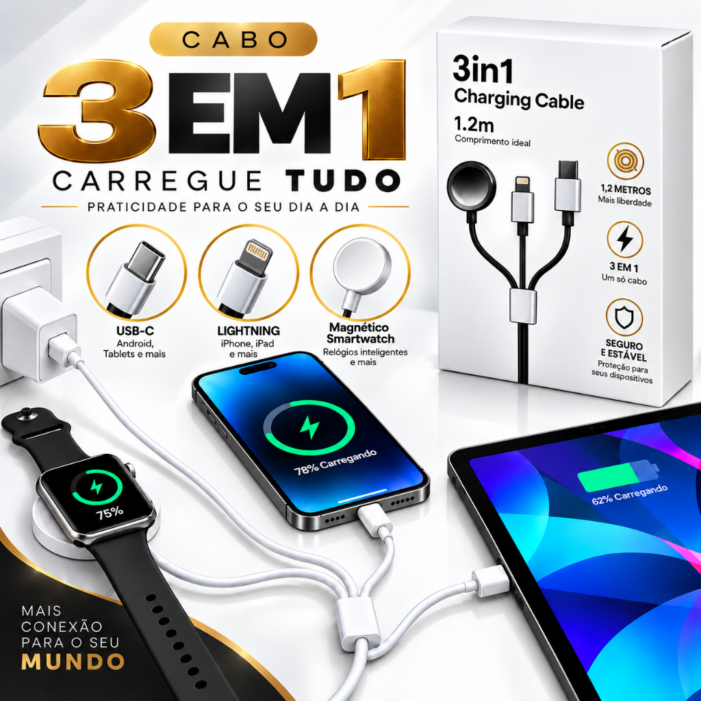 Cabo 3 em 1 Carregador Magnético para Smartwatch + Conector Lightning + USB-C Turbo Carregamento Rápido 1,2m