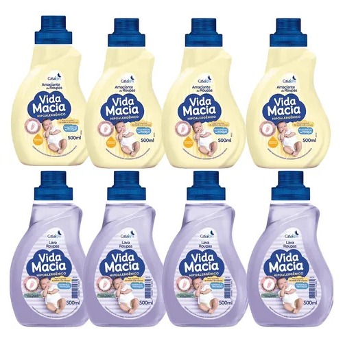 Kit 4 Amaciante e Sabão Líquido Vida Macia Baby 500ml Cada