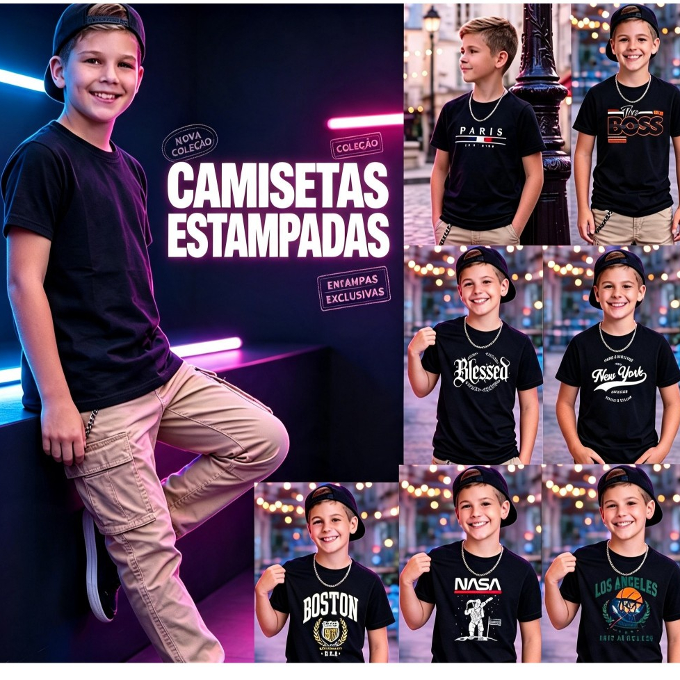 Camiseta Masculina Infantil Varias Estampadas 100%Algodão Passeio Presente Natal Camisa Manga Curta Blusa Menino Criança