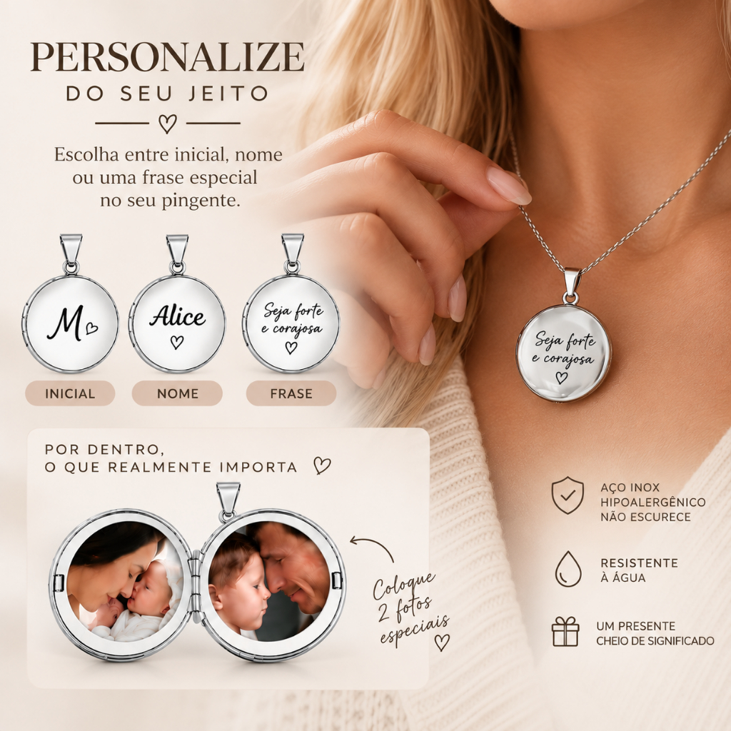 Relicário Redondo Aço Inox Personalizado com Foto e Gravação Nome Inicial Frase Presente Mãe Namorada