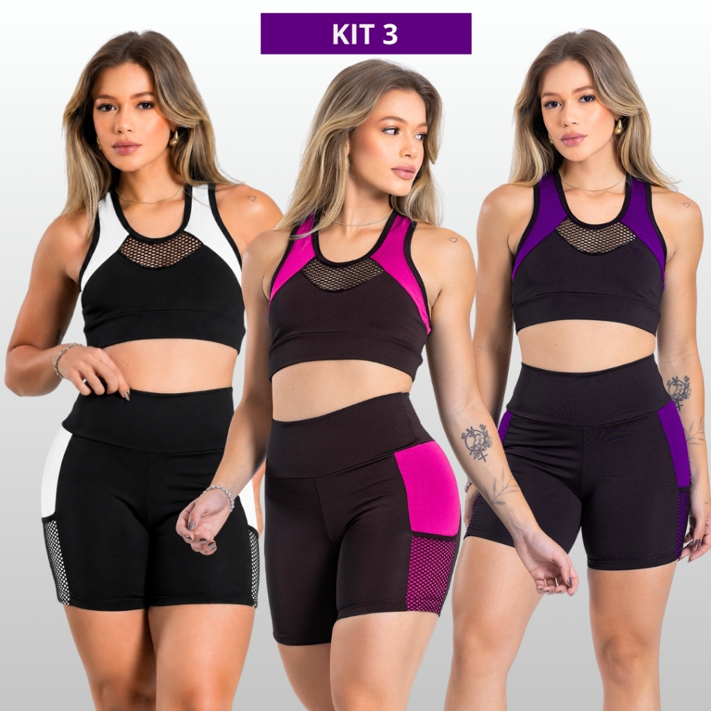 Kit 3 Conjunto Feminino Academia Short e Top Suplex Moda Fitness Roupa de Academia Ginástica