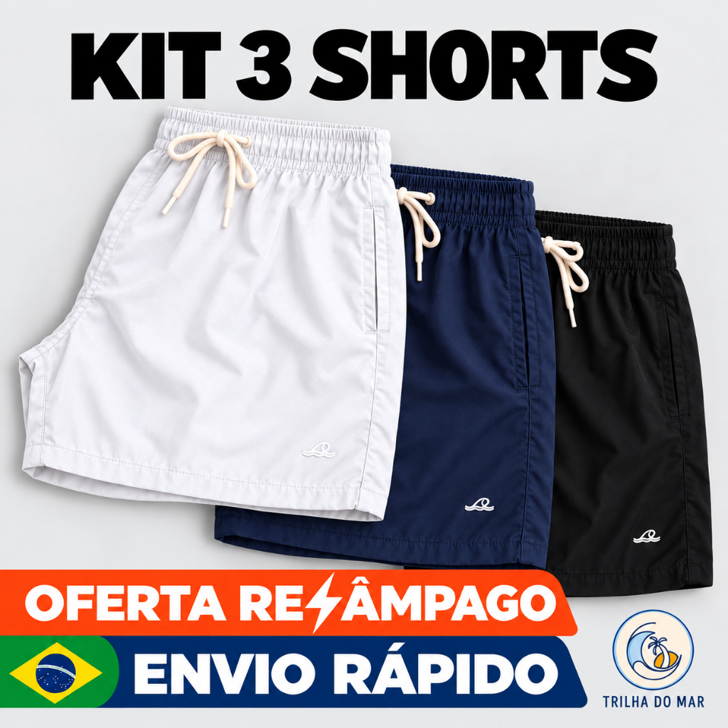 KIT 3 SHORT BERMUDA TACTEL ELASTANO MAURICINHO CADARÇO CRU 3 BOLSOS COSTURAS REFORÇADAS CORRIDA ACADEMIA PRAIA