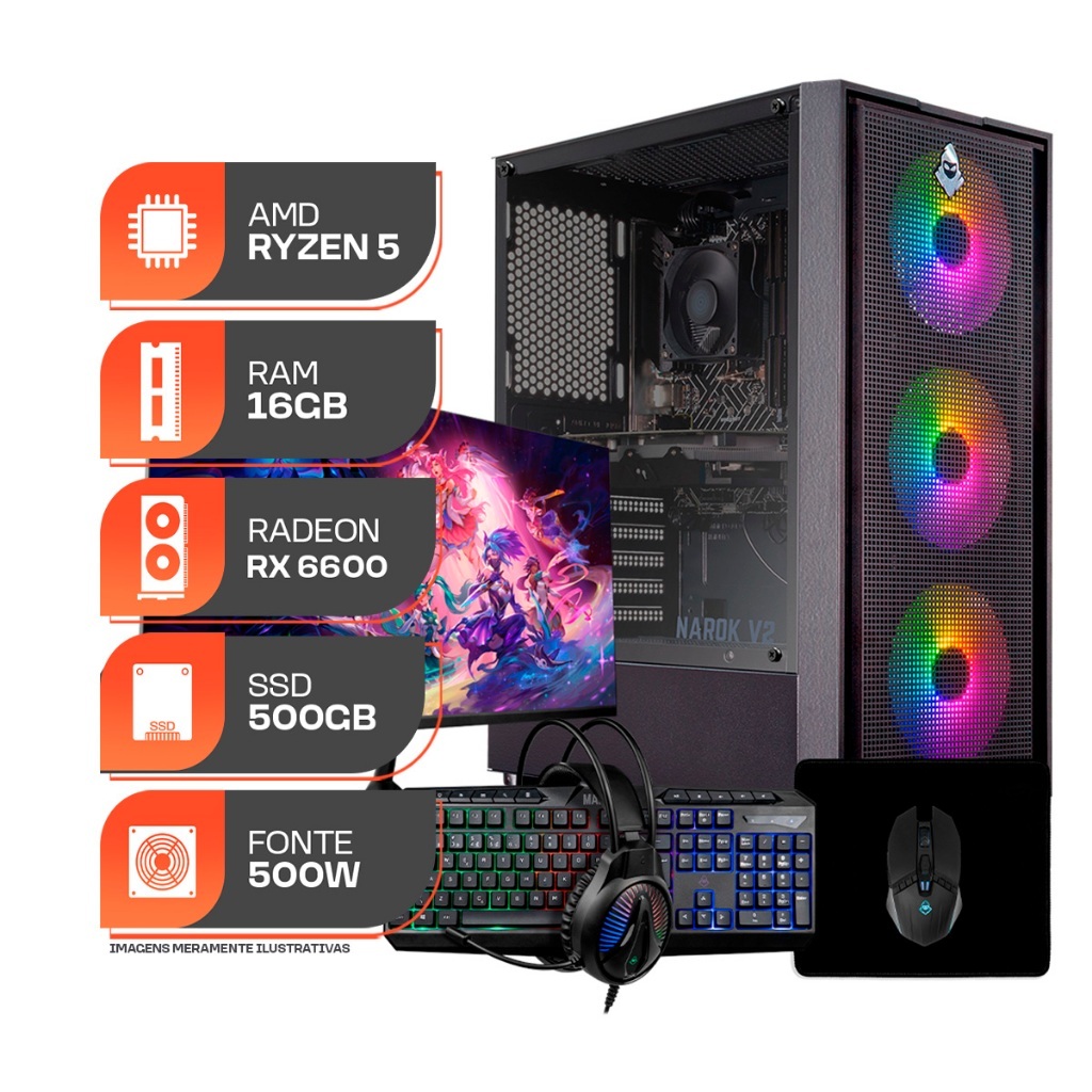 PC Gamer Spectrum, AMD RYZEN 5 5500, RX 6600 8GB, 16GB DDR4, SSD M.2 512GB, Completo com Monitor 23.8" e Periféricos