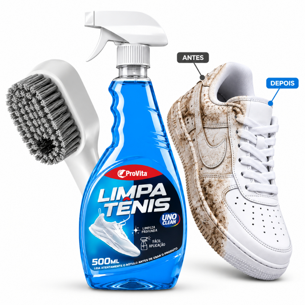Limpa Tênis Spray 500ml Limpeza Profunda + Escova Limpa Calçado Branco Colorido Remove Sujeira Pesada Branqueia Solado