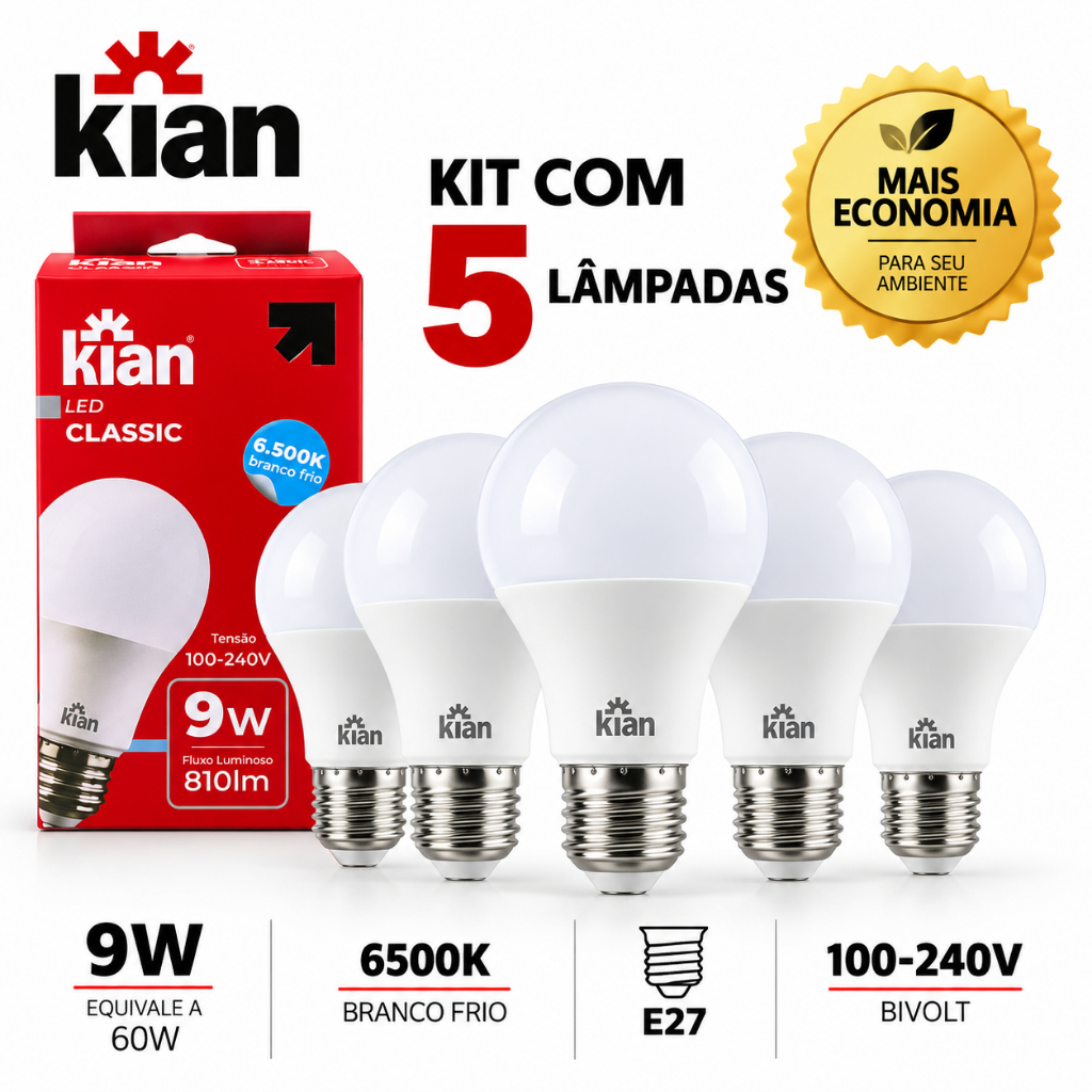 Kit 5 Lâmpada Led Bulbo 9W 6500k Branco Frio E27