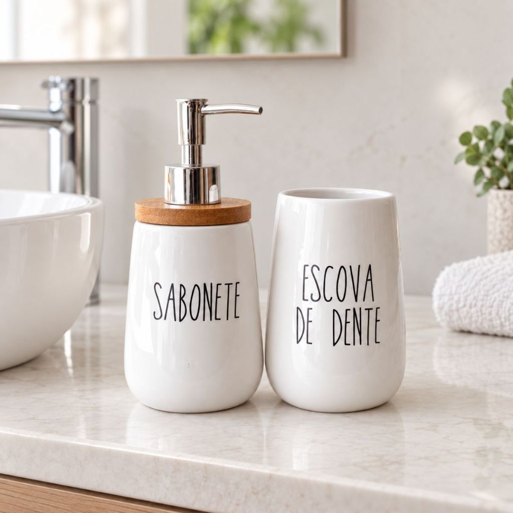 Kit Banheiro Cerâmica Branco Dispenser Sabonete e Escova de Dente Pote Banheiro Tampa de bambu 2 Pçs