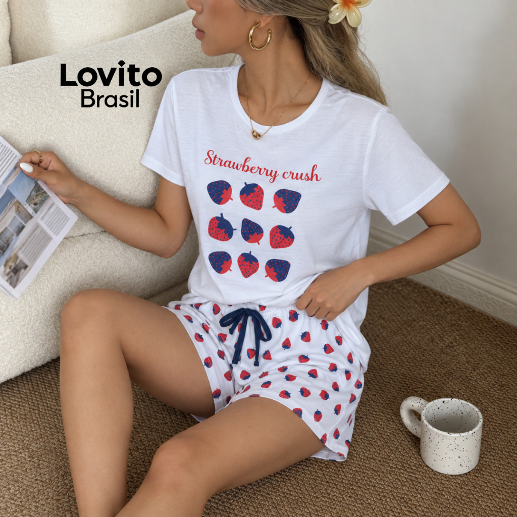 Lovito Conjunto de Pijama Camiseta Manga Curta e Shorts Estampa de Morangos PJB1404BRL1434