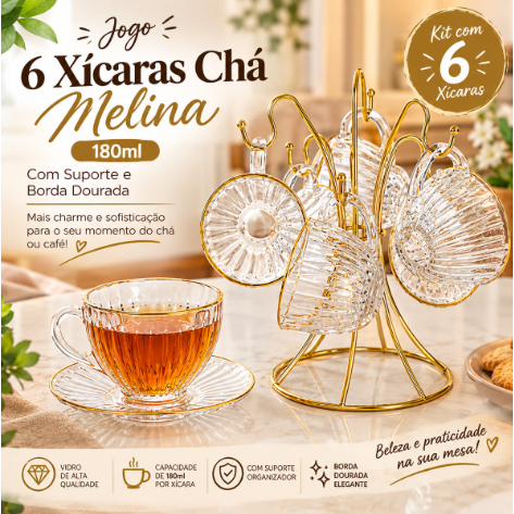 Jogo com 6 Xicaras 180ml - Com Suporte Dourado e Borda Dourada