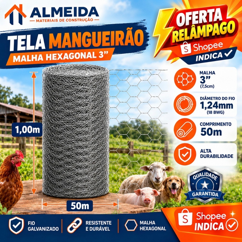 Tela Mangueirão 1,00x50m Fio 18 (1,24mm) Galvanizada Malha Hexagonal para Porco, Galinha, Cabra, Hortas e Cercas