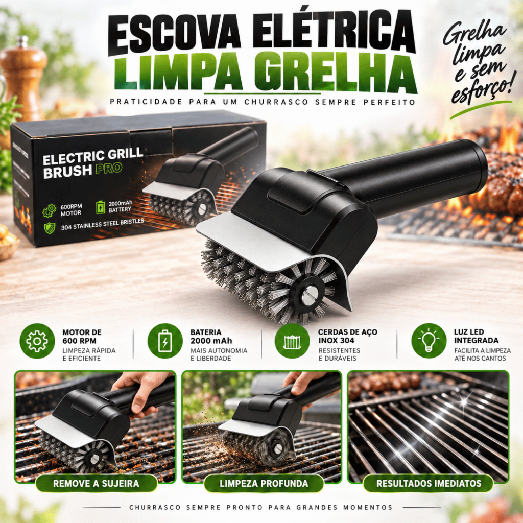 KIT Escova Elétrica para Limpeza de Grelha Churrasqueira Recarregável com Cabo USB-C, LUVAS E CHAVE PARA LIMPEZA