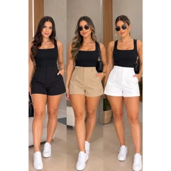 Kit 3 Shorts Alfaiataria Feminino Cintura Alta com Cinto Premium