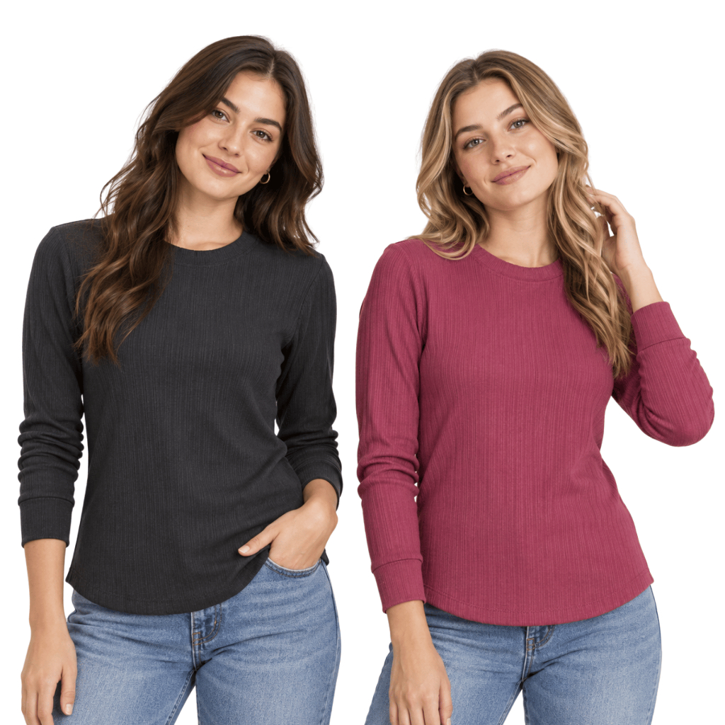 Kit 2 Blusa Feminina Manga Longa Canelada Peluciada Quentinha Gola Redonda Inverno