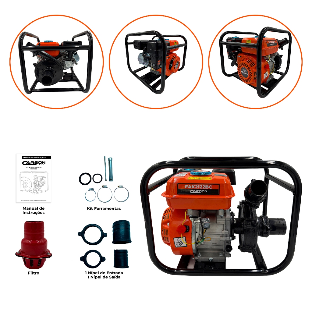 Motobomba Centrífuga a Gasolina 2 Polegadas 7HP 212CC 30.000L/H Carbon Fak