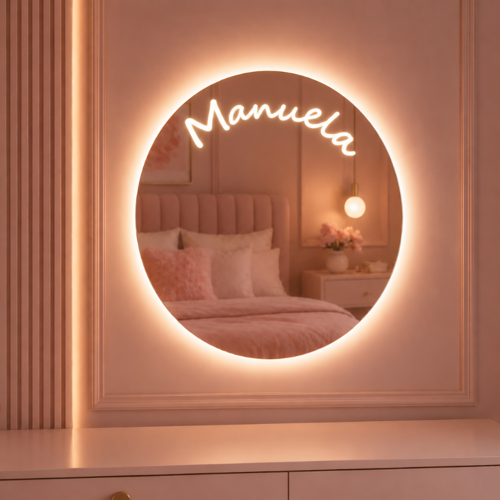 Espelho Personalizado com Nome LED 3 Cores Botão Touch Decorativo para Quarto Infantil Menino Menina