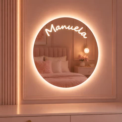 Espelho Personalizado com Nome LED 3 Cores Botão Touch Decorativo para Quarto Infantil Menino Menina