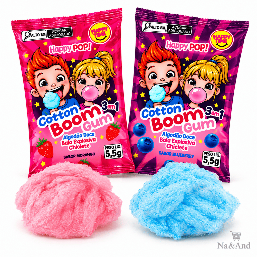 Algodão Doce Bala Explosiva Estrala na Boca e Vira Chiclete Happy Pop Doce Morango e Céu Azul