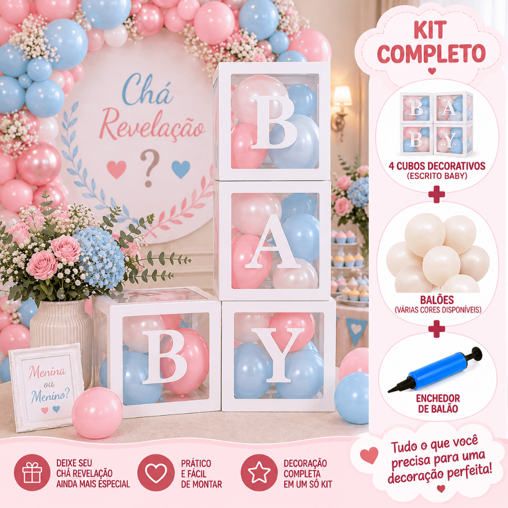 Kit 4 Cubos Baby Chá Bebê Revelação Decoração Festa Transparente Desmontável com Letras Chá Revelação Decoração Festa