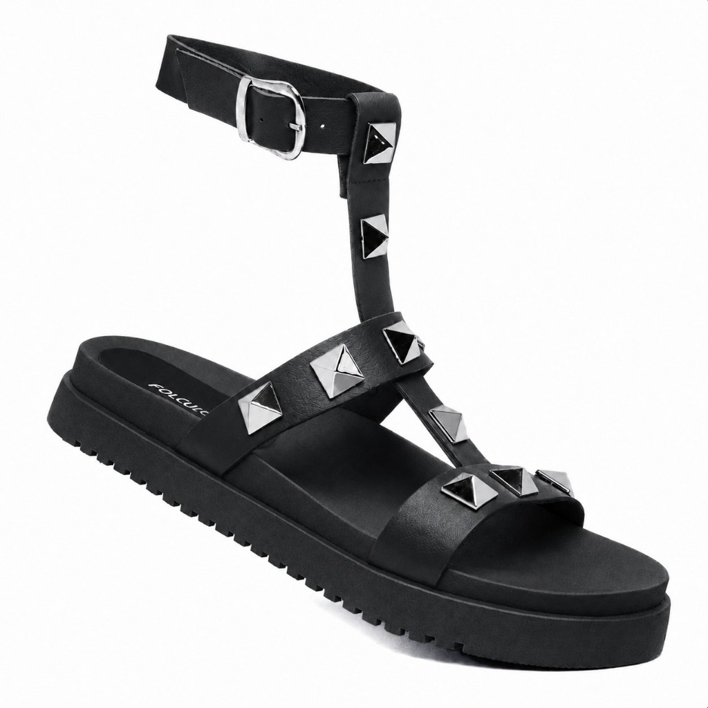 Sandália Feminina Flatform com Spikes e Fivela Moderna Confortável e Estilosa