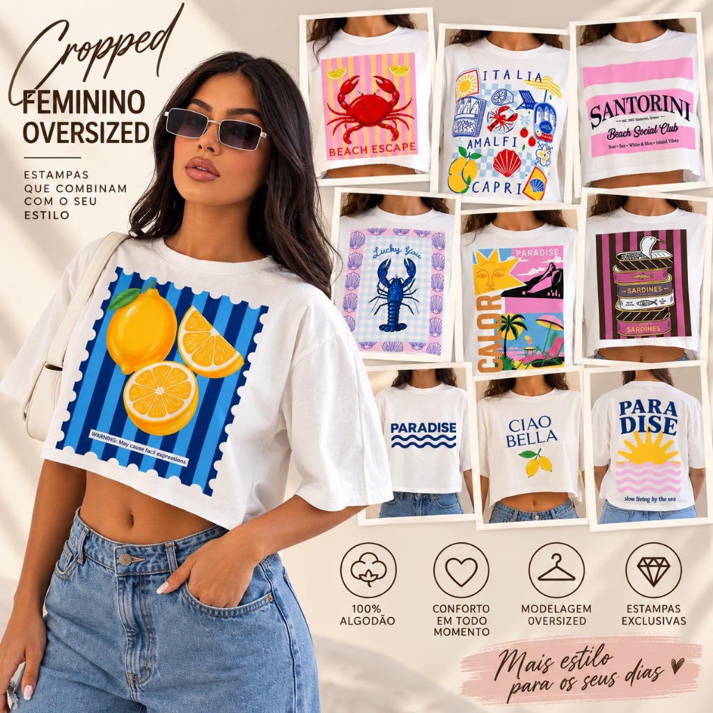 Cropped Feminino Oversized StreetWear Diversas estampas Corte a Laser Tecido 100% Algodão