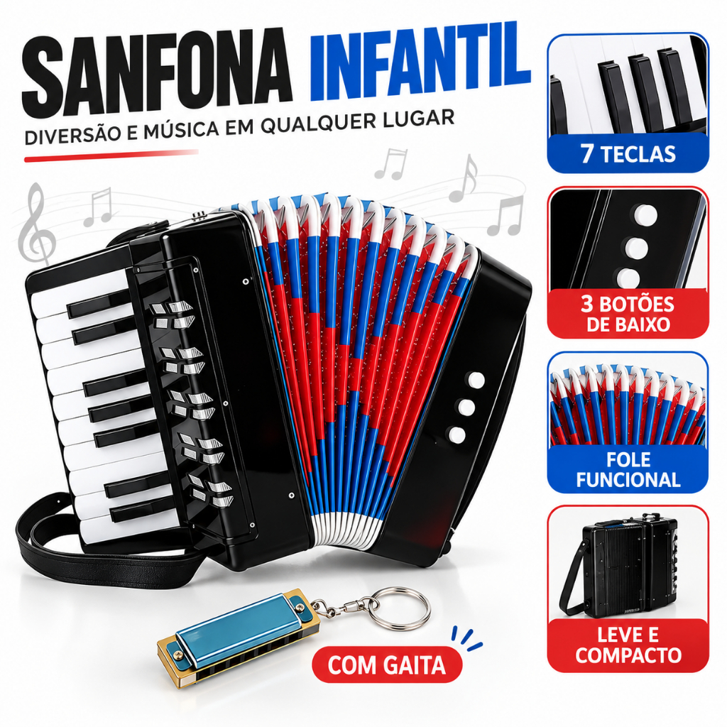 Acordeon Sanfona Gaita Acordeão Infantil Semi-profissonal Envio Imediato Opção de 7 ou 17 Teclas