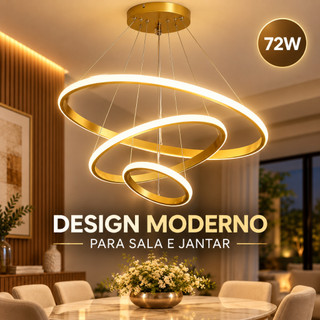 (110V-220V) 114W Lustre Pendente Moderno Led Dourado 3 Anéis 3 Cores Luxo Para Sala De Jantar E Estar -O15