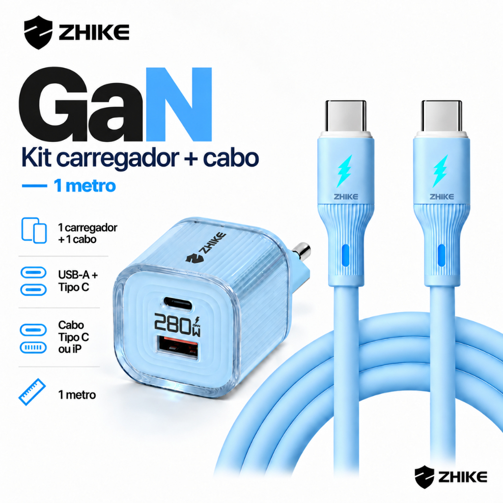 Kit Cabo Carregador Carregamento Rápido ZHIKE Adaptador GaN Tipo C iP 1M Silicone Anti Emaranhado