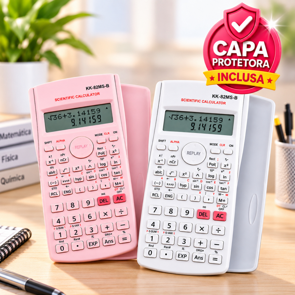 Calculadora Científica 82MS 240 Funções Visor 2 Linhas Capa Protetora Rosa Clara Com Bateria Escola Faculdade Física