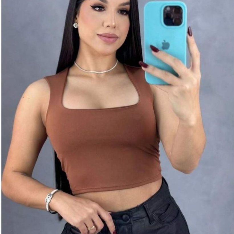 Cropped Decote Quadrado blusa femenina Suplex Forro Duplo Casual Baby tee