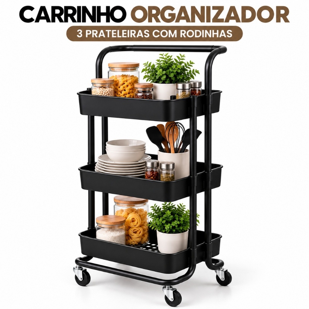 Carrinho Organizador 3 Prateleiras com Rodinhas Multiuso Cozinha Banheiro Lavanderia Preto