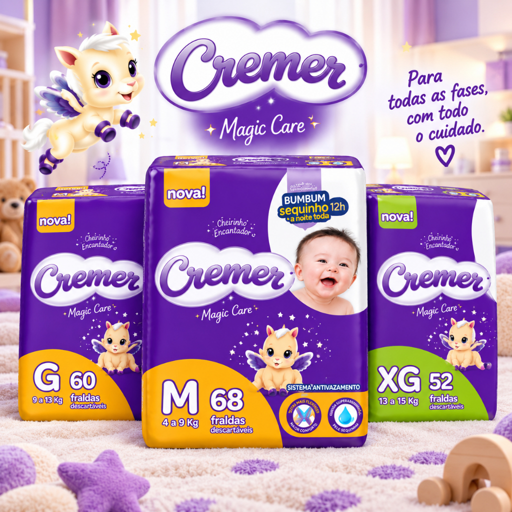 Fralda Cremer Magic Care Hiper Infantil Alta Absorção Proteção 12h Antivazamento Pacote Grande