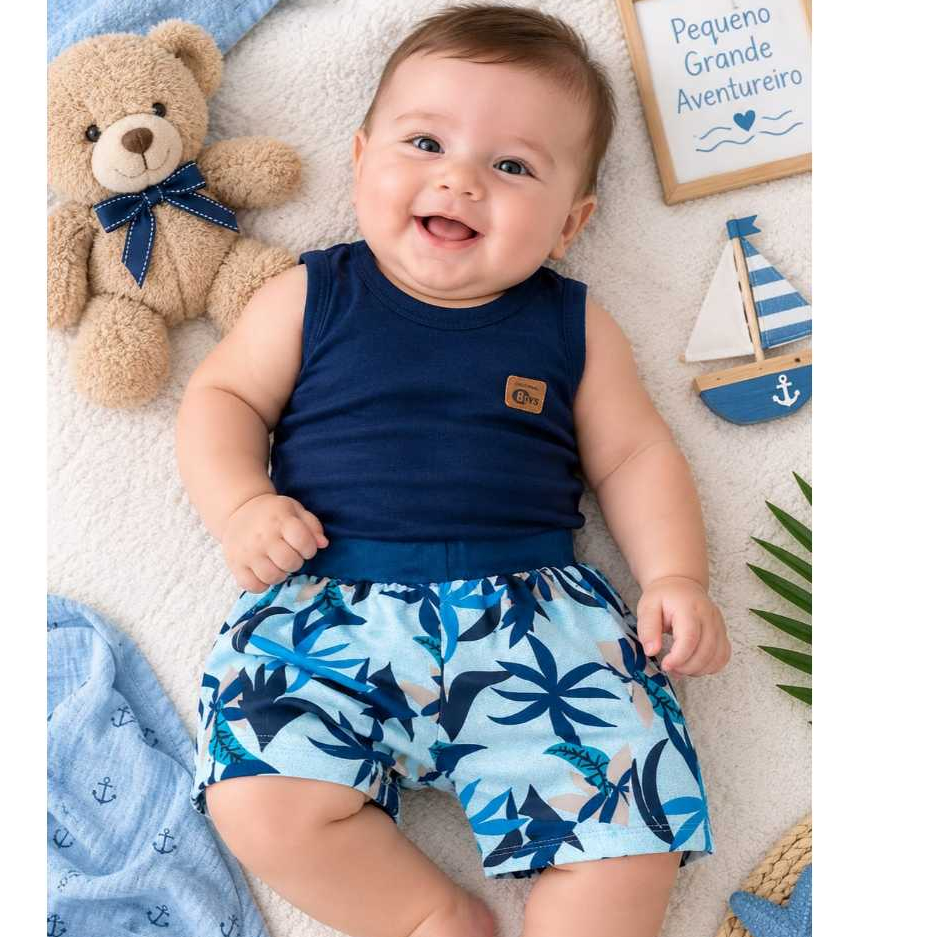 Conjunto Bebê Menino Verão: Regata + Short Estampado (RN a 4 Meses)