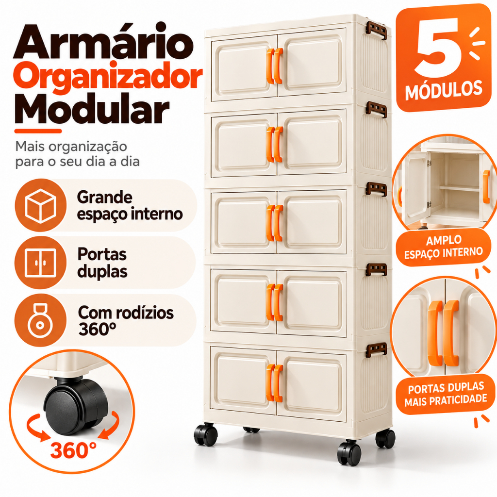 Armário Organizador Modular Multiuso Grande Capacidade com Rodízios 360° e Portas Duplas para Quarto e Lavanderia