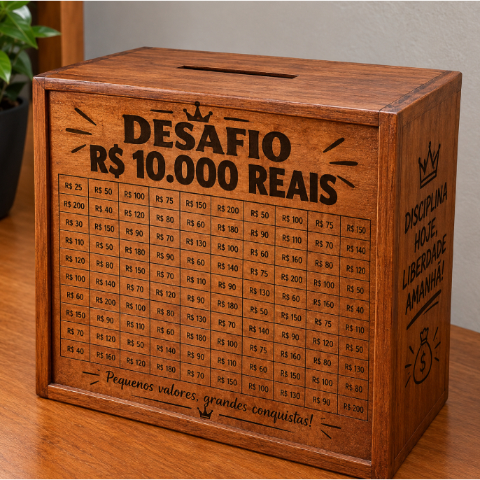 Cofrinho de Madeira Desafio R$ 10.000 Reais