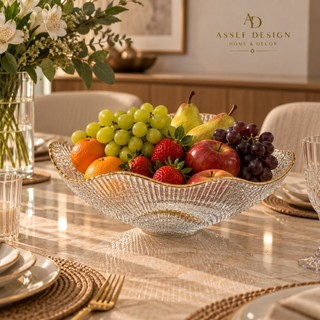 Fruteira de Acrílico Transparente Borda Dourada 25,5cm Premium | Tigela Fruteira Grande Decorativa para Mesa Cozinha