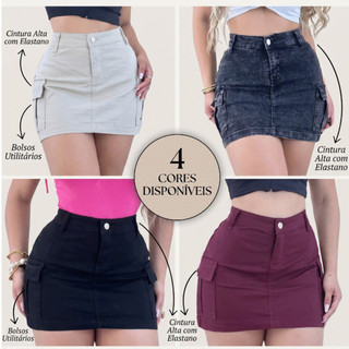 Saia Jeans Feminina Cargo Cintura Alta Com Lycra Elastano Curta Bolsos Laterais Sarja Modela Bumbum
