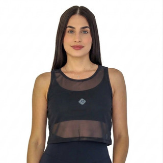 Cropped Regata Tule Feminino Academia Furadinho Transparente de Manga Esportivo Moda Fitness