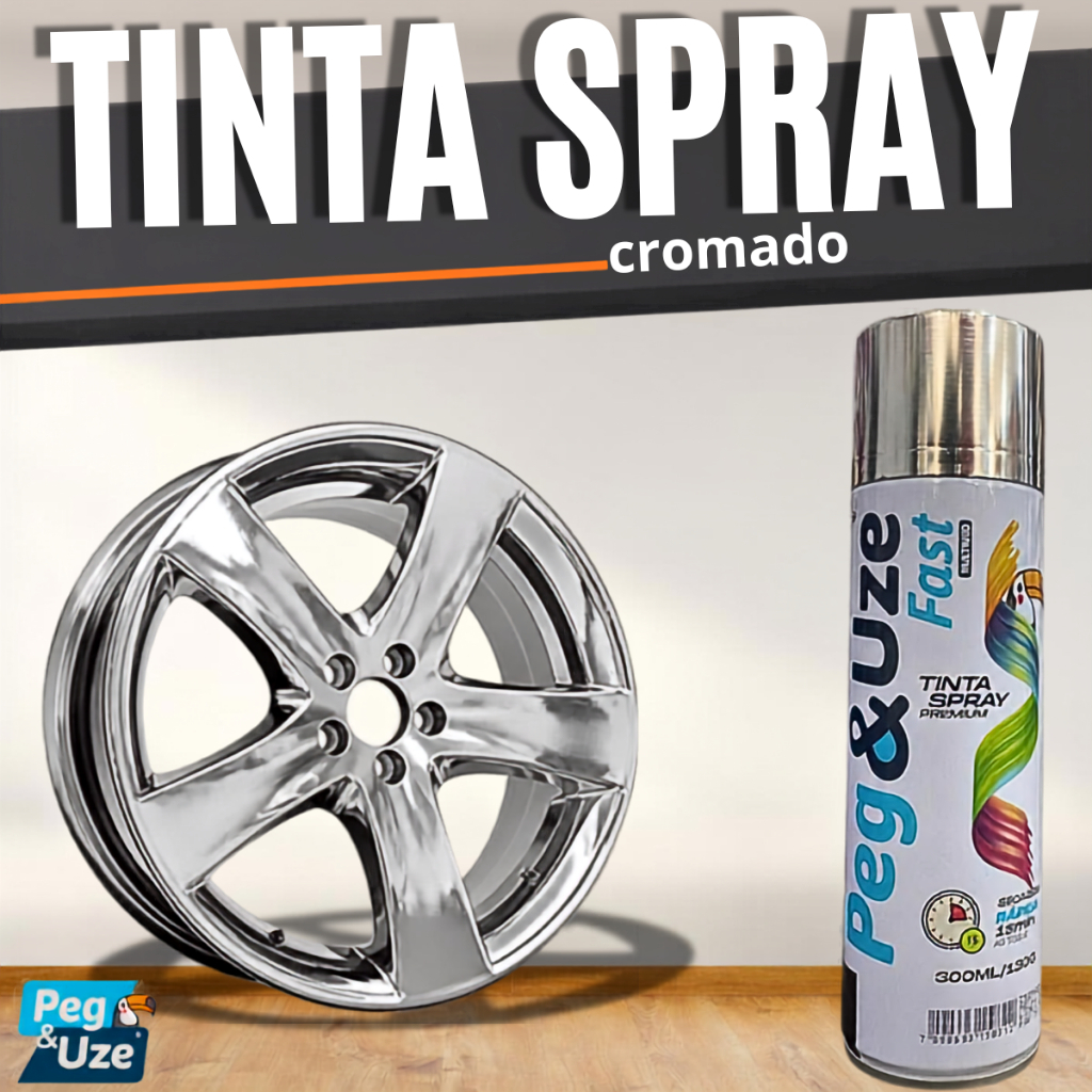Spray Tinta Cromado Brilhante 400ml peg&Uze Metalizada Automotiva Carro Moto Roda Chapas Bike