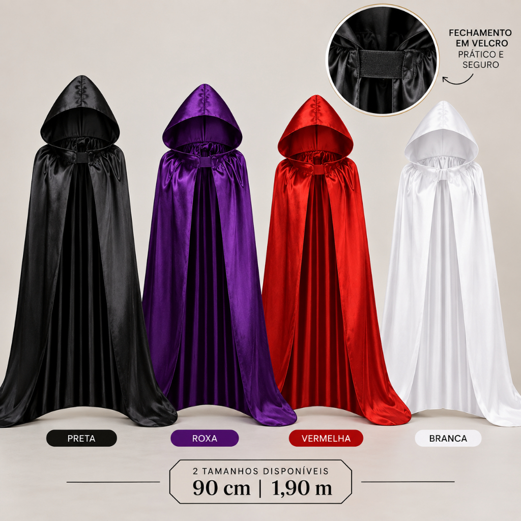 Capa Fantasia  Halloween Vampiro Cores Variadas masculino e feminino Longa de Cetim com Capuz para Festa e Mago cosplay