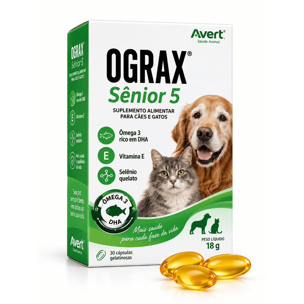Ograx Sênior 5 Avert Ômega 3 DHA Vitamina E Selênio para Cães e Gatos Idosos 30 Cápsulas 18g