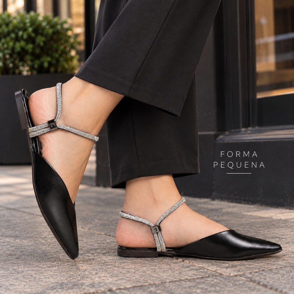Sapatilha Feminina Bico Fino Mule 2 em 1 Strass Rasteira Confortável Chic Palmilha Confort
