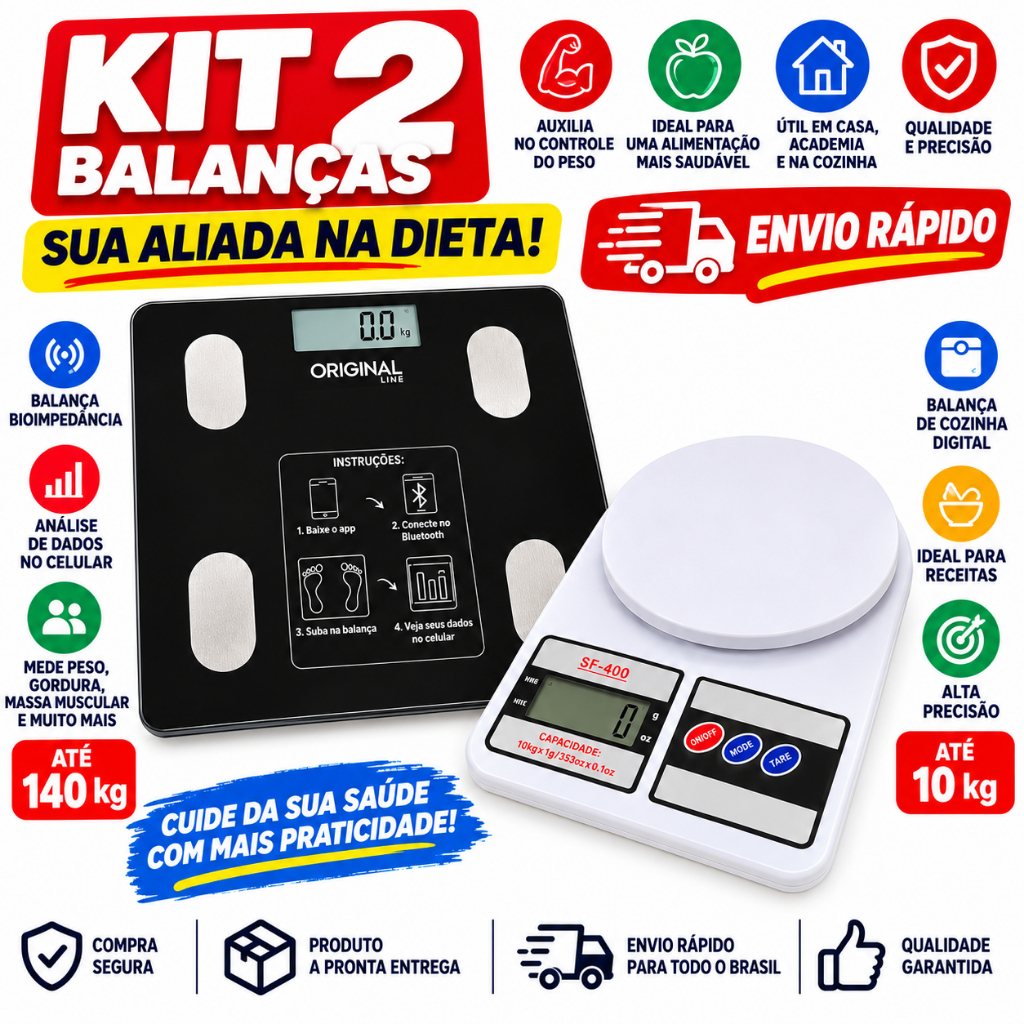 Kit Balança Digital Cozinha 10kg + Balança Corporal 140kg Bioimpedância