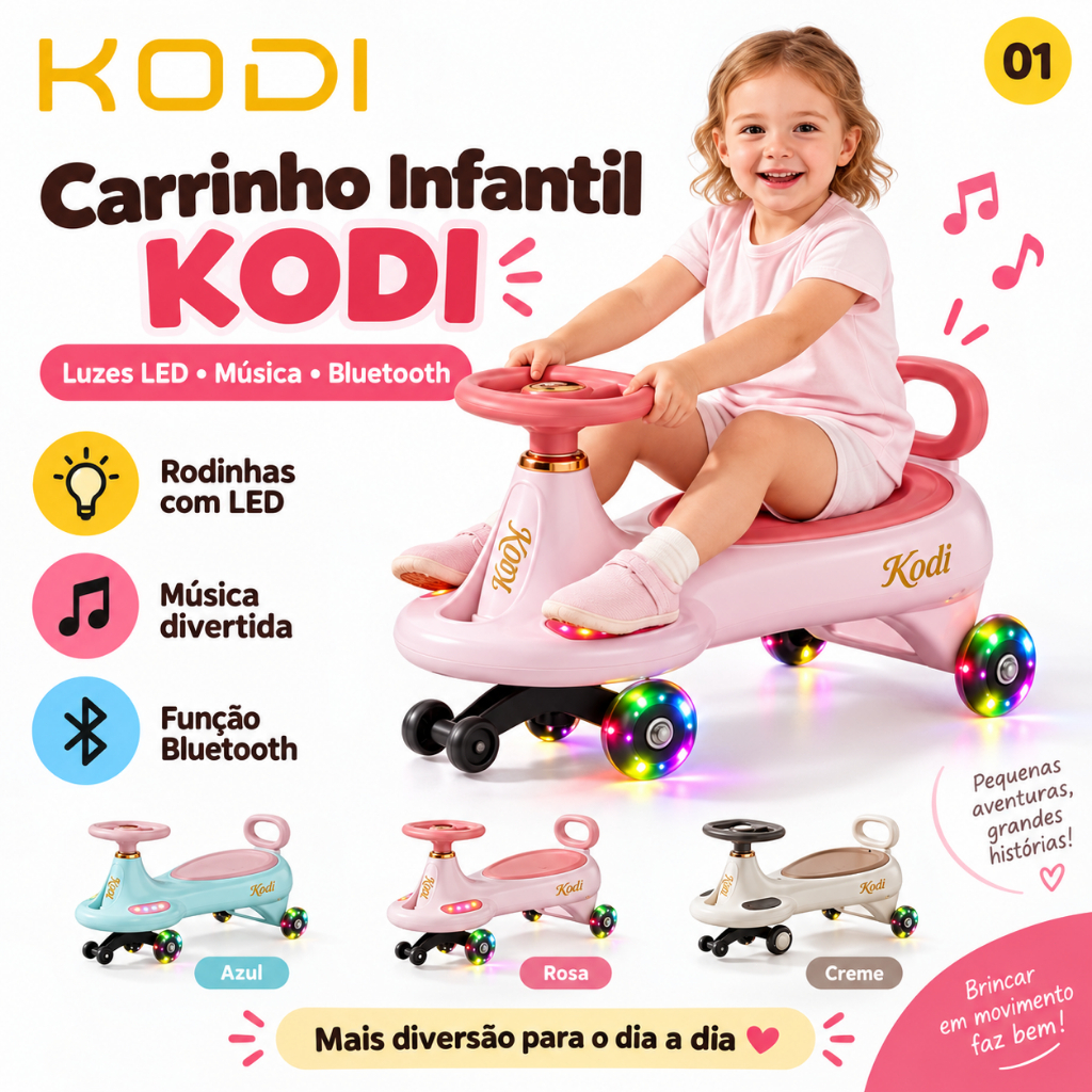 Carrinho Infantil KODI com Luz LED e Música Bluetooth | Carro de Passeio para Crianças